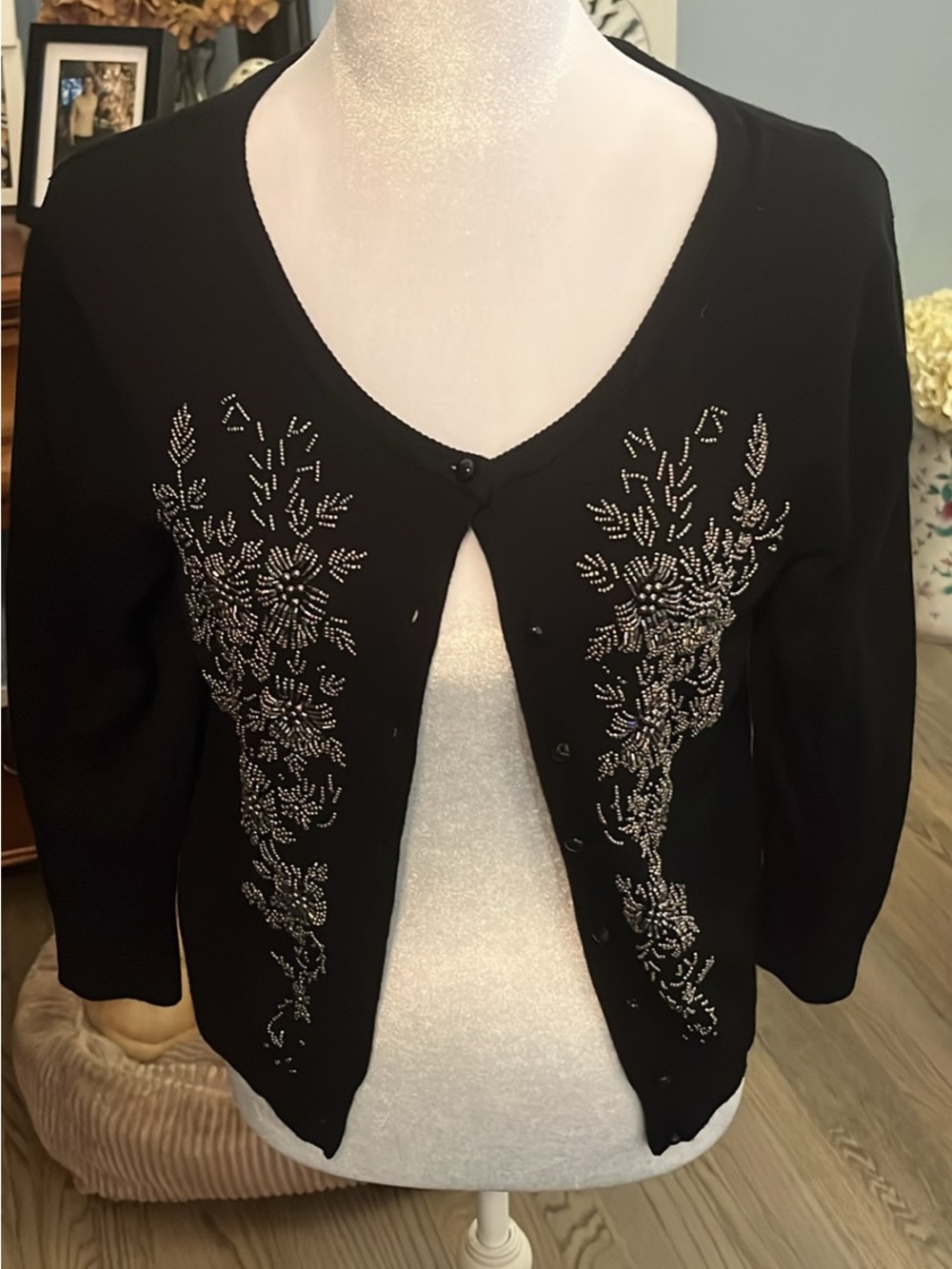 Black Embellished V-Neck Women's Cardigan